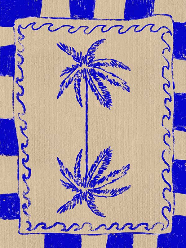 Tropical-themed artwork featuring mirrored blue palm trees framed by cobalt stripes and curly border details, from the Shatha collection with Urban Road.
