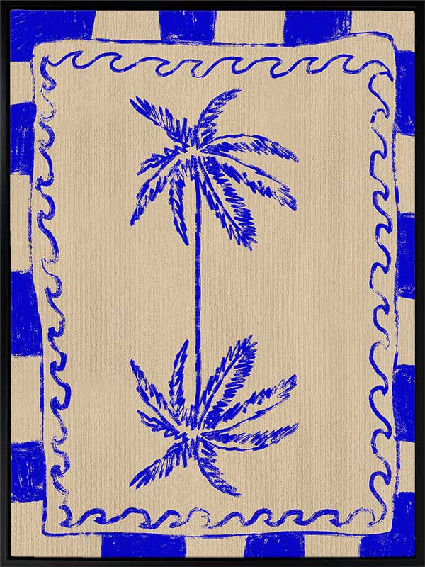 Tropical-themed artwork featuring mirrored blue palm trees framed by cobalt stripes and curly border details, from the Shatha collection with Urban Road.