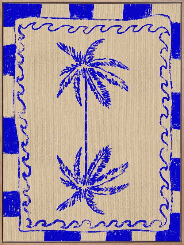 Tropical-themed artwork featuring mirrored blue palm trees framed by cobalt stripes and curly border details, from the Shatha collection with Urban Road.