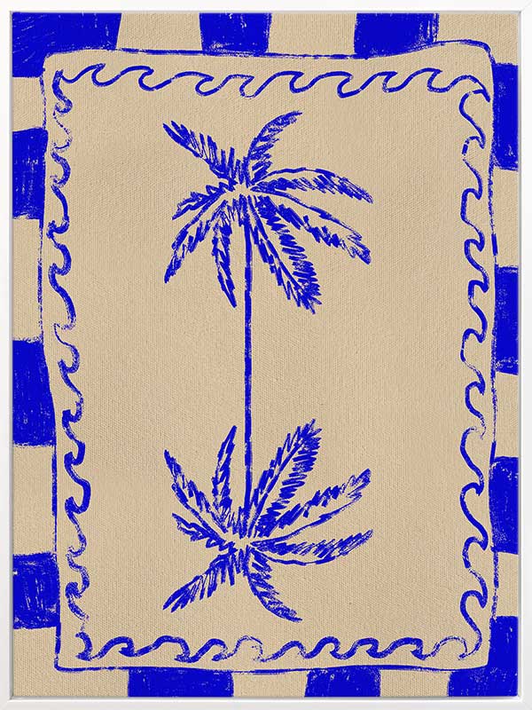 Tropical-themed artwork featuring mirrored blue palm trees framed by cobalt stripes and curly border details, from the Shatha collection with Urban Road.