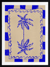 Tropical-themed artwork featuring mirrored blue palm trees framed by cobalt stripes and curly border details, from the Shatha collection with Urban Road.