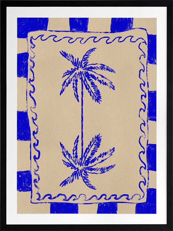 Tropical-themed artwork featuring mirrored blue palm trees framed by cobalt stripes and curly border details, from the Shatha collection with Urban Road.