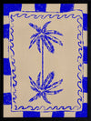 Tropical-themed artwork featuring mirrored blue palm trees framed by cobalt stripes and curly border details, from the Shatha collection with Urban Road.