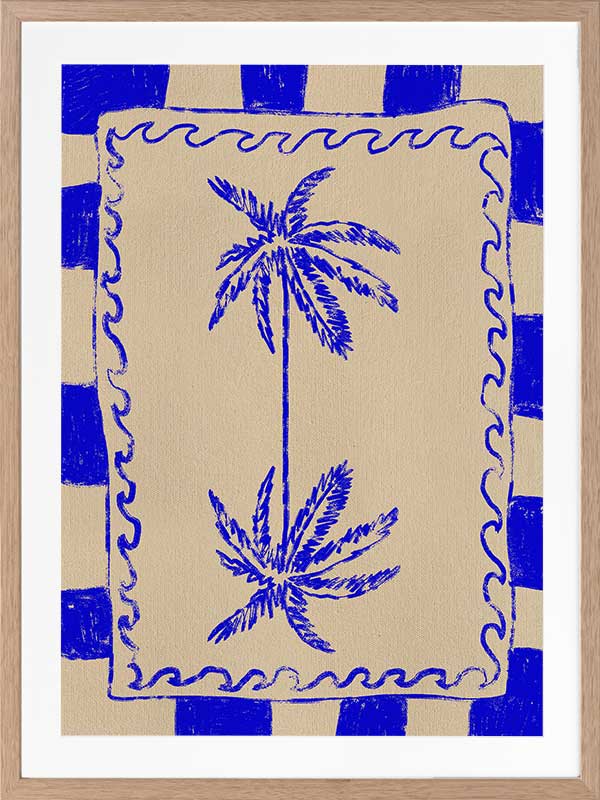 Tropical-themed artwork featuring mirrored blue palm trees framed by cobalt stripes and curly border details, from the Shatha collection with Urban Road.