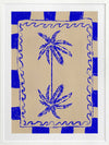 Tropical-themed artwork featuring mirrored blue palm trees framed by cobalt stripes and curly border details, from the Shatha collection with Urban Road.