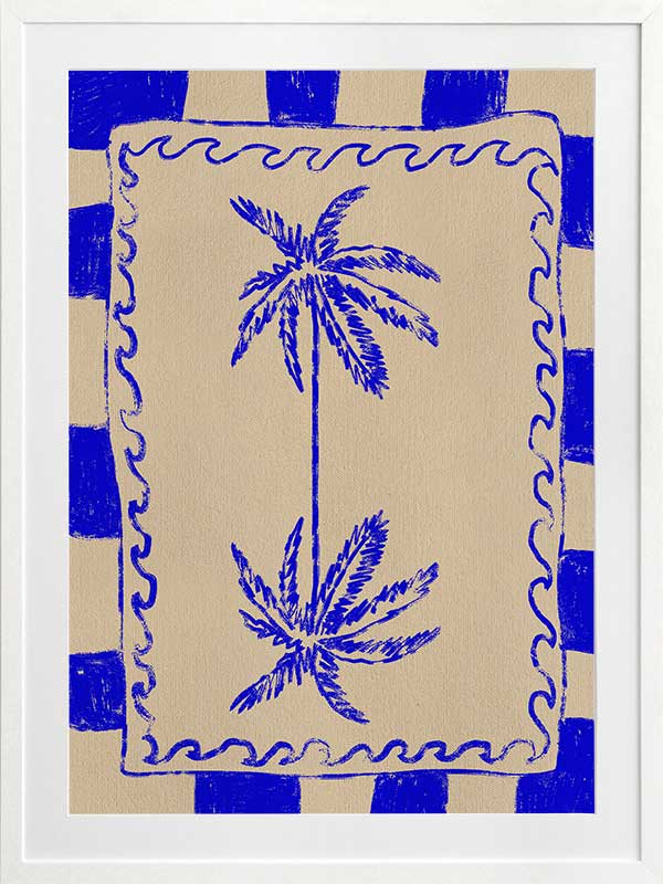 Tropical-themed artwork featuring mirrored blue palm trees framed by cobalt stripes and curly border details, from the Shatha collection with Urban Road.
