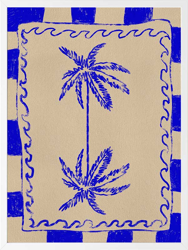 Tropical-themed artwork featuring mirrored blue palm trees framed by cobalt stripes and curly border details, from the Shatha collection with Urban Road.
