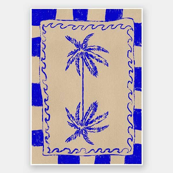 Tropical-themed artwork featuring mirrored blue palm trees framed by cobalt stripes and curly border details, from the Shatha collection with Urban Road.