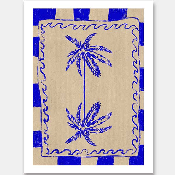 Tropical-themed artwork featuring mirrored blue palm trees framed by cobalt stripes and curly border details, from the Shatha collection with Urban Road.