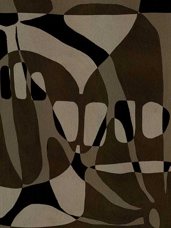Earth-toned abstract composition with flowing organic shapes and framed negative space in black and taupe, from the Shatha collection with Urban Road.
