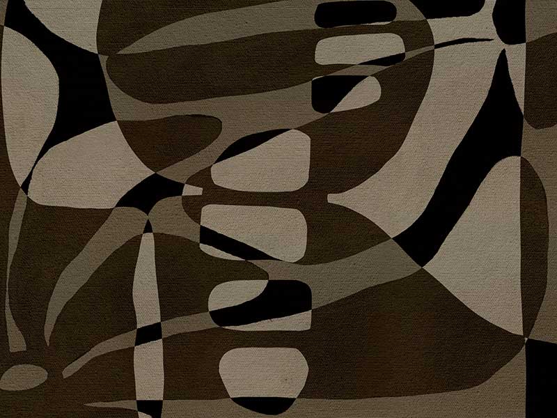 Earth-toned abstract composition with flowing organic shapes and framed negative space in black and taupe, from the Shatha collection with Urban Road.