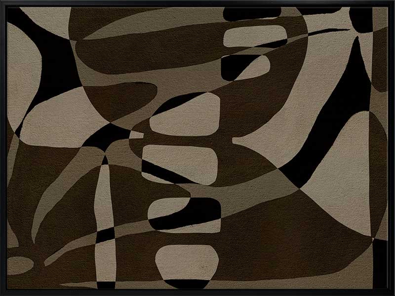 Earth-toned abstract composition with flowing organic shapes and framed negative space in black and taupe, from the Shatha collection with Urban Road.