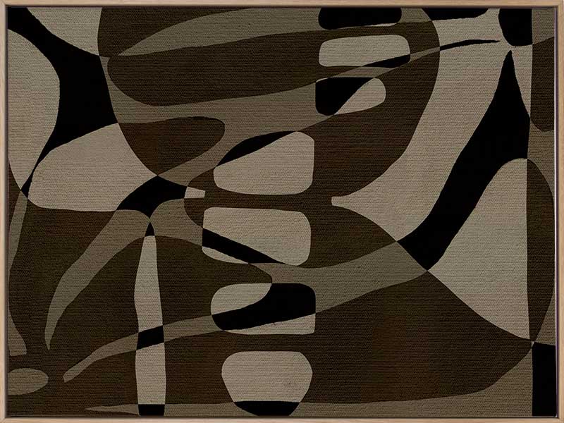 Earth-toned abstract composition with flowing organic shapes and framed negative space in black and taupe, from the Shatha collection with Urban Road.