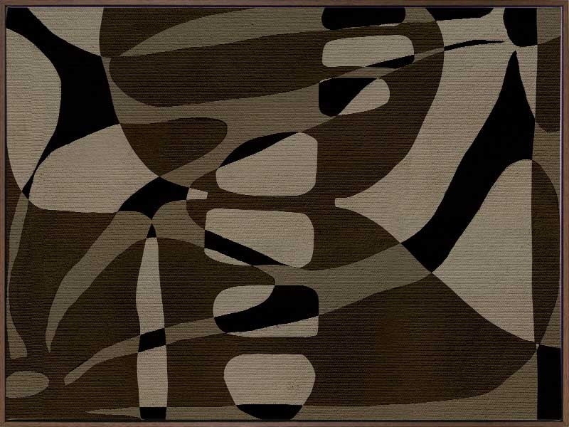 Earth-toned abstract composition with flowing organic shapes and framed negative space in black and taupe, from the Shatha collection with Urban Road.