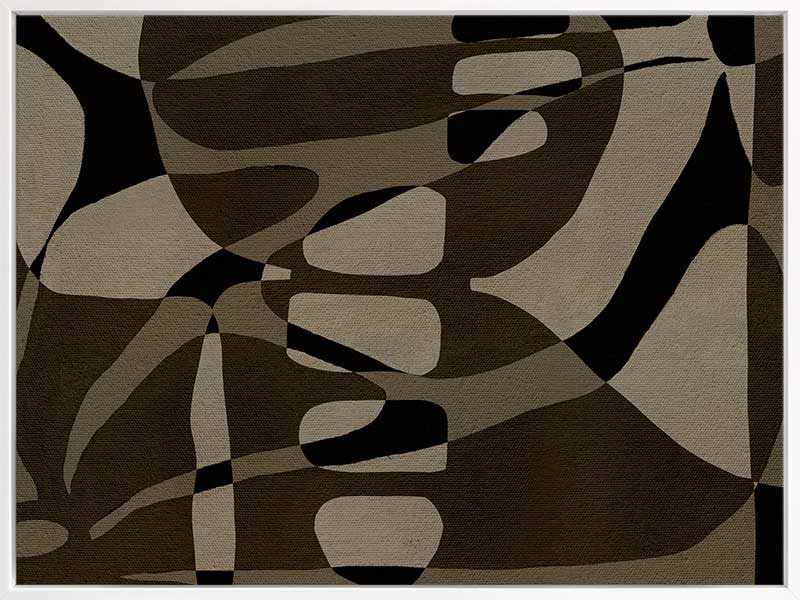 Earth-toned abstract composition with flowing organic shapes and framed negative space in black and taupe, from the Shatha collection with Urban Road.