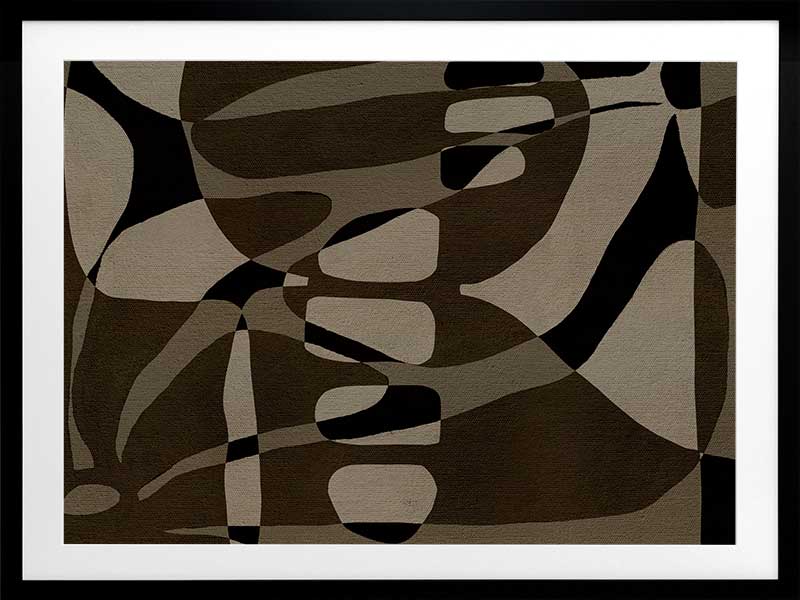 Earth-toned abstract composition with flowing organic shapes and framed negative space in black and taupe, from the Shatha collection with Urban Road.