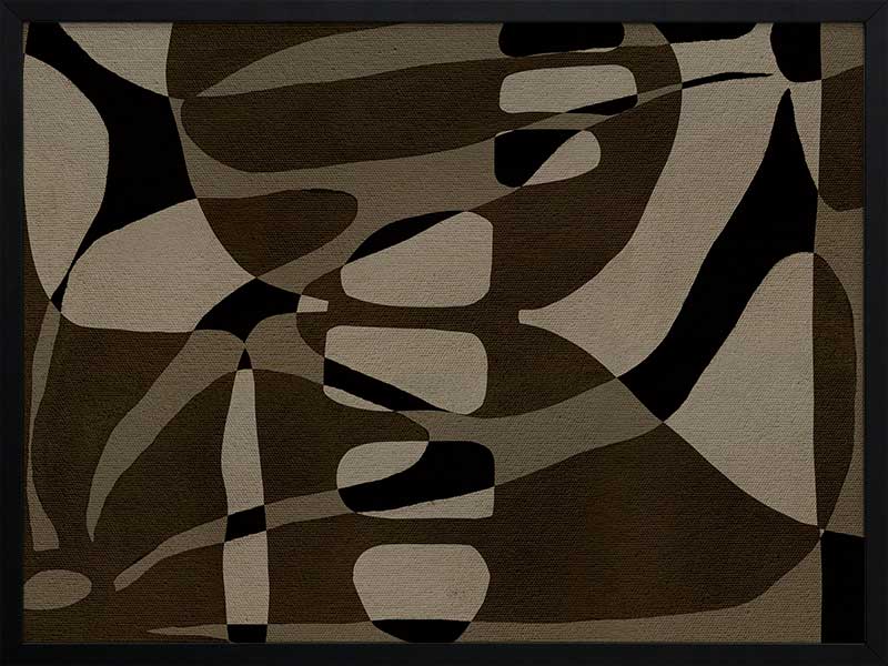 Earth-toned abstract composition with flowing organic shapes and framed negative space in black and taupe, from the Shatha collection with Urban Road.