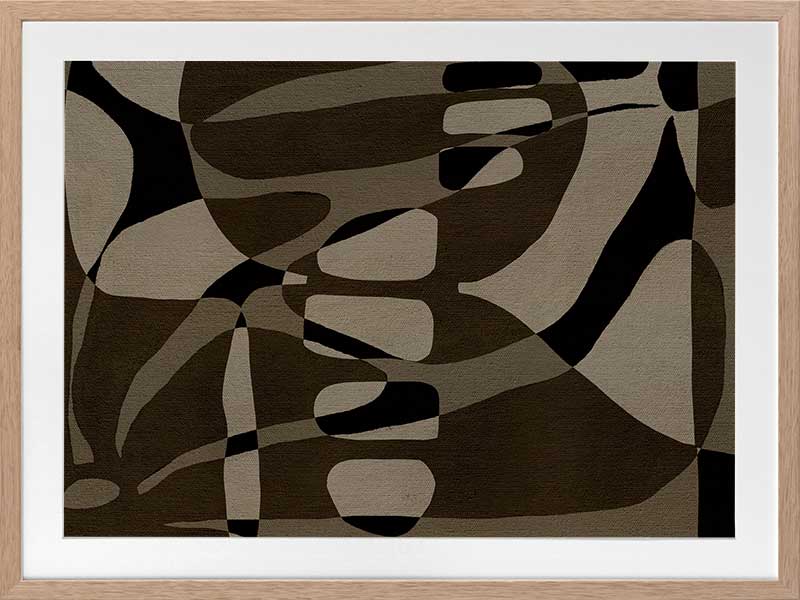 Earth-toned abstract composition with flowing organic shapes and framed negative space in black and taupe, from the Shatha collection with Urban Road.