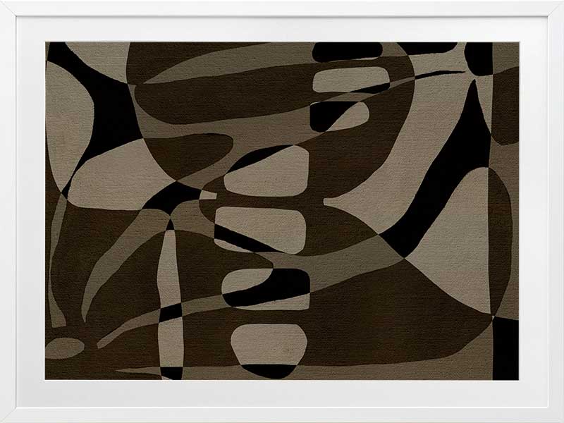 Earth-toned abstract composition with flowing organic shapes and framed negative space in black and taupe, from the Shatha collection with Urban Road.