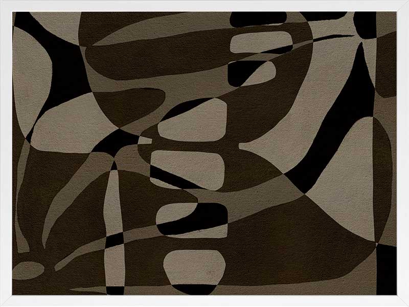 Earth-toned abstract composition with flowing organic shapes and framed negative space in black and taupe, from the Shatha collection with Urban Road.