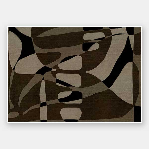 Earth-toned abstract composition with flowing organic shapes and framed negative space in black and taupe, from the Shatha collection with Urban Road.