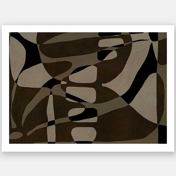 Earth-toned abstract composition with flowing organic shapes and framed negative space in black and taupe, from the Shatha collection with Urban Road.