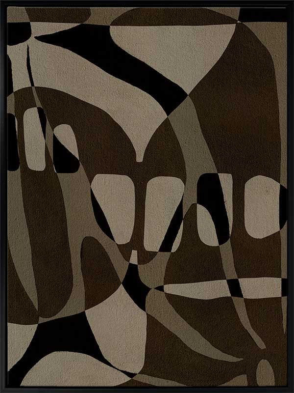 Earth-toned abstract composition with flowing organic shapes and framed negative space in black and taupe, from the Shatha collection with Urban Road.