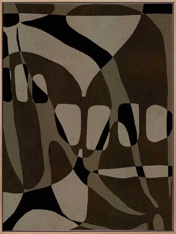 Earth-toned abstract composition with flowing organic shapes and framed negative space in black and taupe, from the Shatha collection with Urban Road.