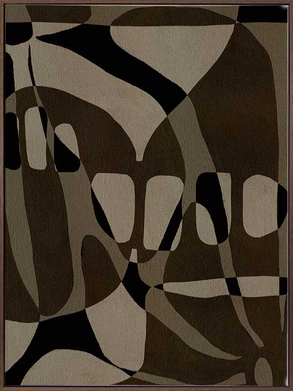 Earth-toned abstract composition with flowing organic shapes and framed negative space in black and taupe, from the Shatha collection with Urban Road.