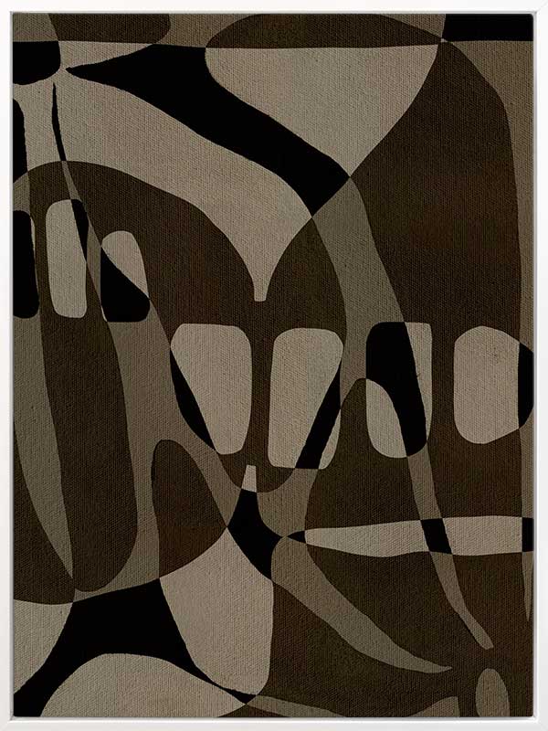 Earth-toned abstract composition with flowing organic shapes and framed negative space in black and taupe, from the Shatha collection with Urban Road.