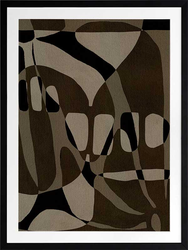 Earth-toned abstract composition with flowing organic shapes and framed negative space in black and taupe, from the Shatha collection with Urban Road.