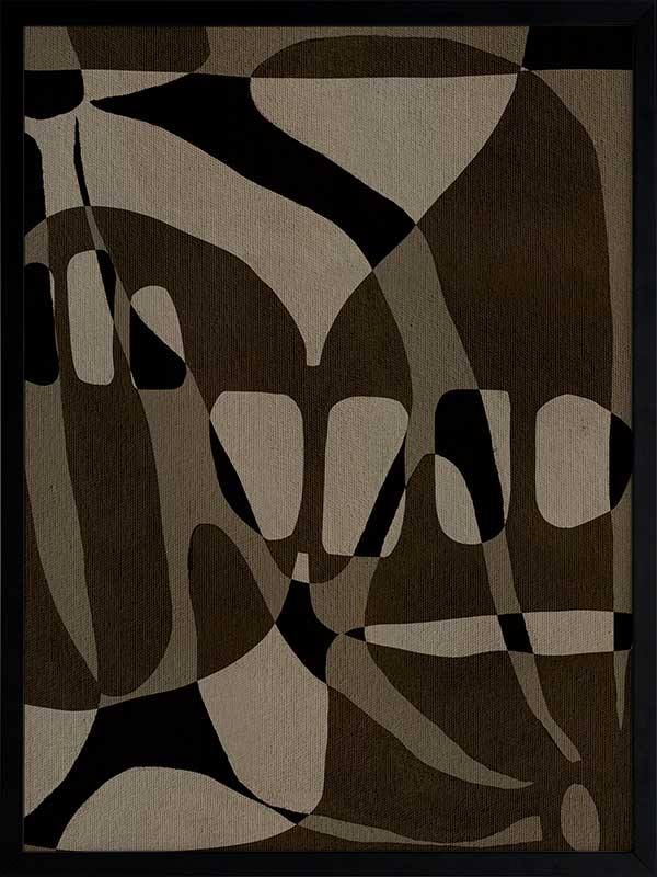 Earth-toned abstract composition with flowing organic shapes and framed negative space in black and taupe, from the Shatha collection with Urban Road.
