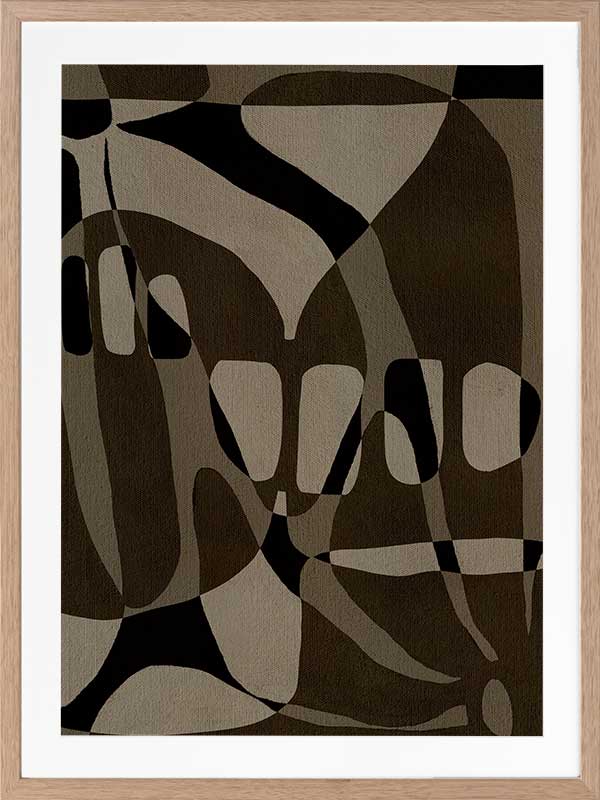 Earth-toned abstract composition with flowing organic shapes and framed negative space in black and taupe, from the Shatha collection with Urban Road.