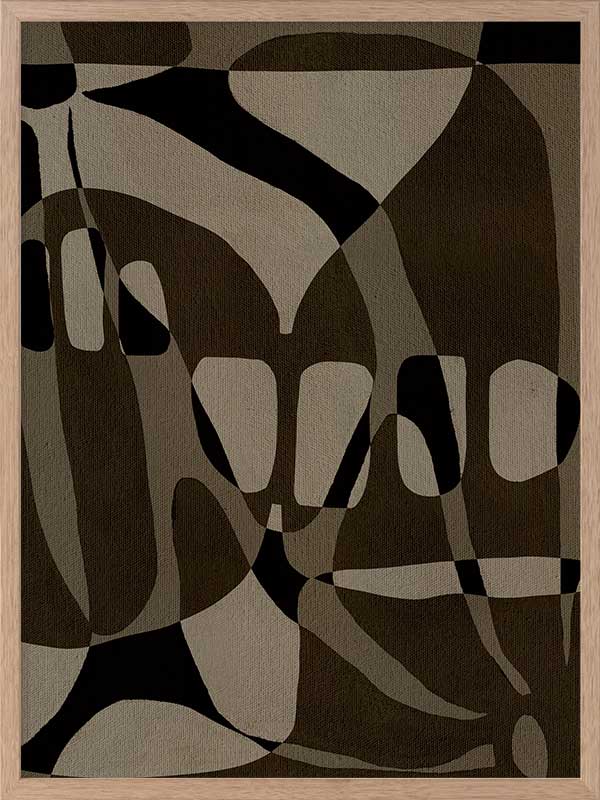 Earth-toned abstract composition with flowing organic shapes and framed negative space in black and taupe, from the Shatha collection with Urban Road.