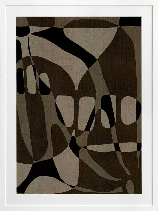 Earth-toned abstract composition with flowing organic shapes and framed negative space in black and taupe, from the Shatha collection with Urban Road.