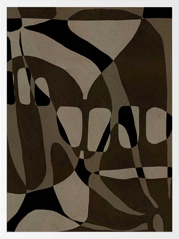 Earth-toned abstract composition with flowing organic shapes and framed negative space in black and taupe, from the Shatha collection with Urban Road.
