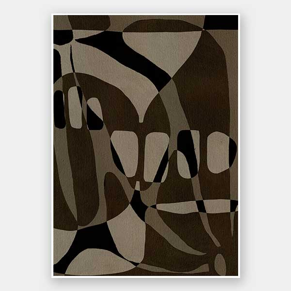 Earth-toned abstract composition with flowing organic shapes and framed negative space in black and taupe, from the Shatha collection with Urban Road.