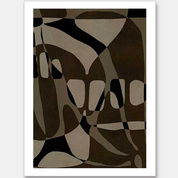 Earth-toned abstract composition with flowing organic shapes and framed negative space in black and taupe, from the Shatha collection with Urban Road.