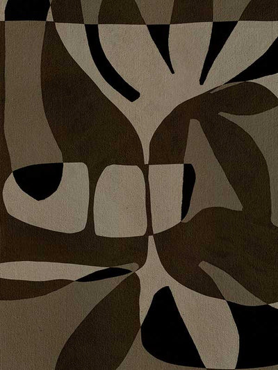 Curved, overlapping abstract forms in shades of olive, beige, and black create a sense of movement and rhythm, from the Shatha collection with Urban Road.