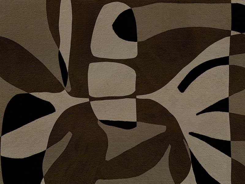 Curved, overlapping abstract forms in shades of olive, beige, and black create a sense of movement and rhythm, from the Shatha collection with Urban Road.