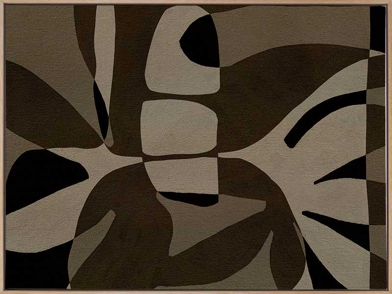 Curved, overlapping abstract forms in shades of olive, beige, and black create a sense of movement and rhythm, from the Shatha collection with Urban Road.