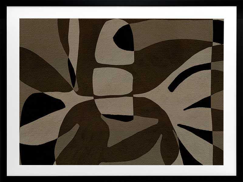 Curved, overlapping abstract forms in shades of olive, beige, and black create a sense of movement and rhythm, from the Shatha collection with Urban Road.