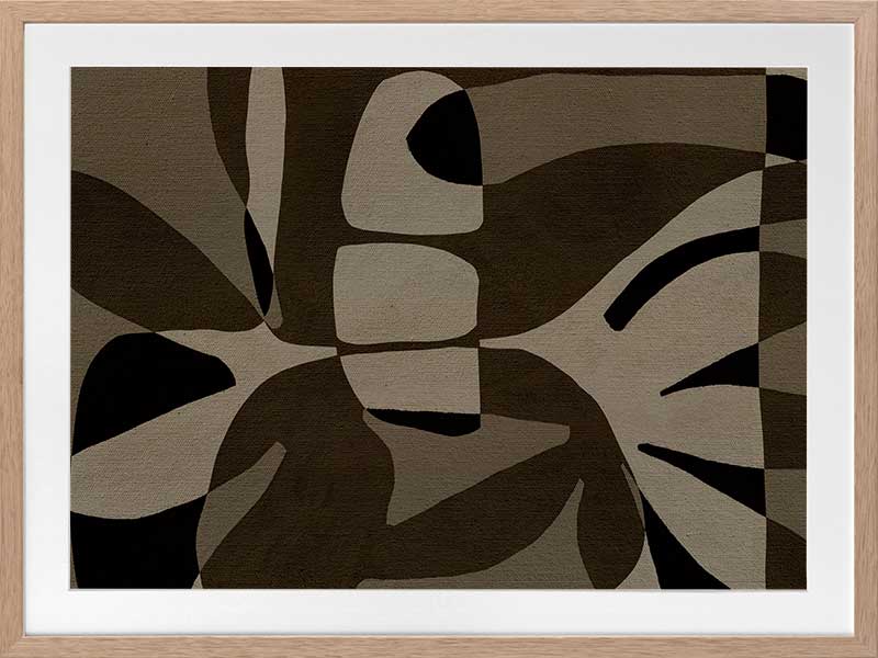 Curved, overlapping abstract forms in shades of olive, beige, and black create a sense of movement and rhythm, from the Shatha collection with Urban Road.