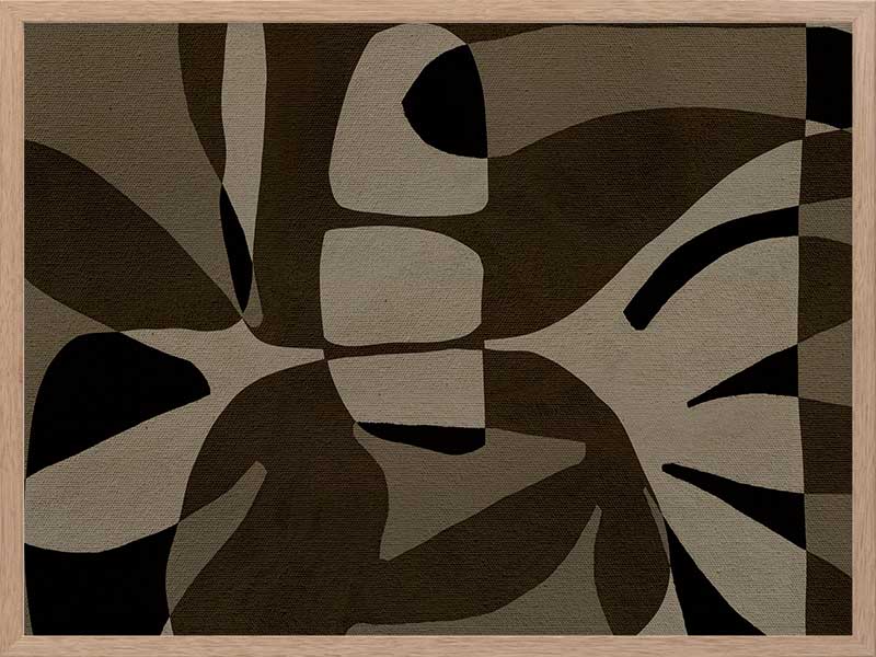 Curved, overlapping abstract forms in shades of olive, beige, and black create a sense of movement and rhythm, from the Shatha collection with Urban Road.