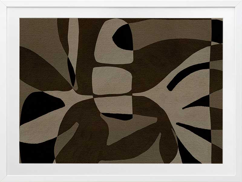 Curved, overlapping abstract forms in shades of olive, beige, and black create a sense of movement and rhythm, from the Shatha collection with Urban Road.