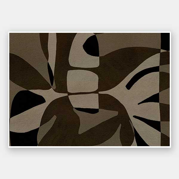 Curved, overlapping abstract forms in shades of olive, beige, and black create a sense of movement and rhythm, from the Shatha collection with Urban Road.