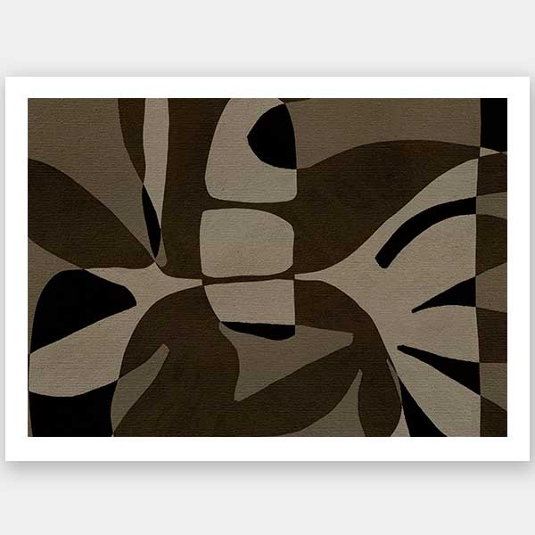 Curved, overlapping abstract forms in shades of olive, beige, and black create a sense of movement and rhythm, from the Shatha collection with Urban Road.