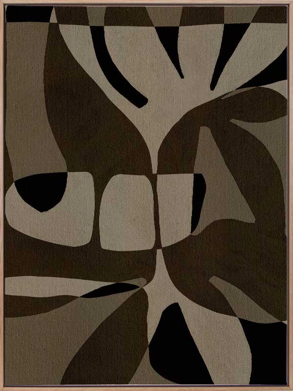 Curved, overlapping abstract forms in shades of olive, beige, and black create a sense of movement and rhythm, from the Shatha collection with Urban Road.