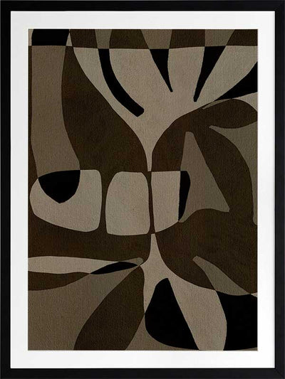 Curved, overlapping abstract forms in shades of olive, beige, and black create a sense of movement and rhythm, from the Shatha collection with Urban Road.