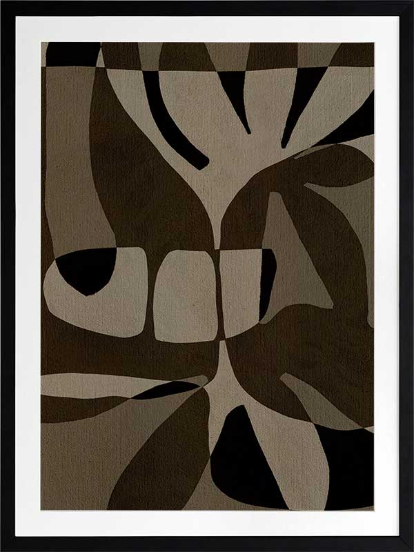 Curved, overlapping abstract forms in shades of olive, beige, and black create a sense of movement and rhythm, from the Shatha collection with Urban Road.